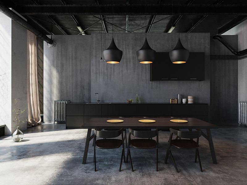 modern loft with dark furniture and lights hanging over dining table davie fl